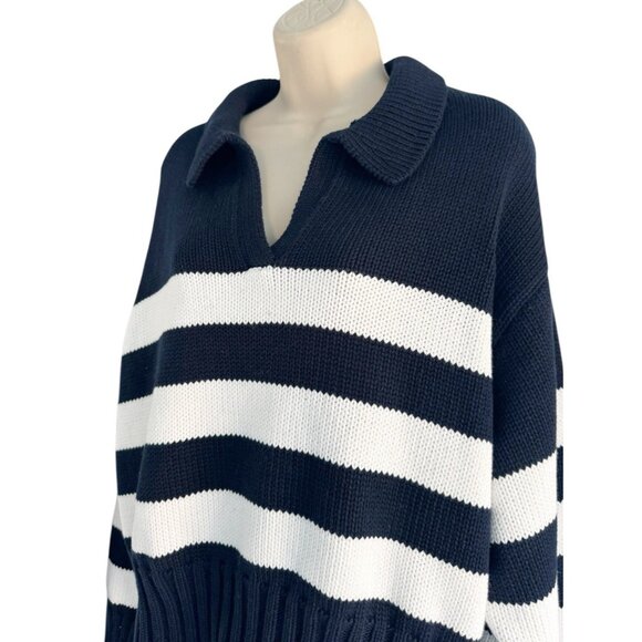 NWT Quince Womans XL 100% Organic Cropped Cotton Polo Sweater Navy White Striped - Picture 3 of 11